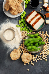 Soy products  on black background. Vegan healthy food