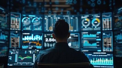 Analysts in business analytics and data management systems create reports with KPIs and indicators that connect to a database. Financial corporate strategy Operations, Sales, Marketing