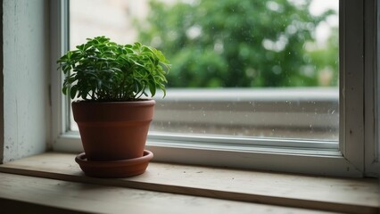 Basil plant on windowsill against rainy day