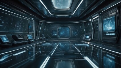 Futuristic spaceship corridor with lights