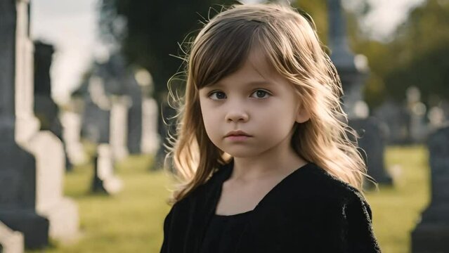 A sad girl in black at the cemetery, grieving concept 