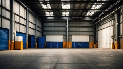 An expansive view of an empty industrial warehouse with multiple blue and yellow doors and clear floor space - Powered by Adobe