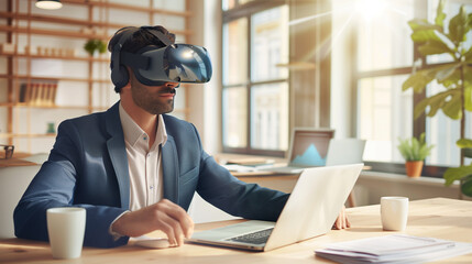 Digital Frontier, VR Developer Using Virtual Reality Headset for Development Work on Laptop in 2030 - obrazy, fototapety, plakaty