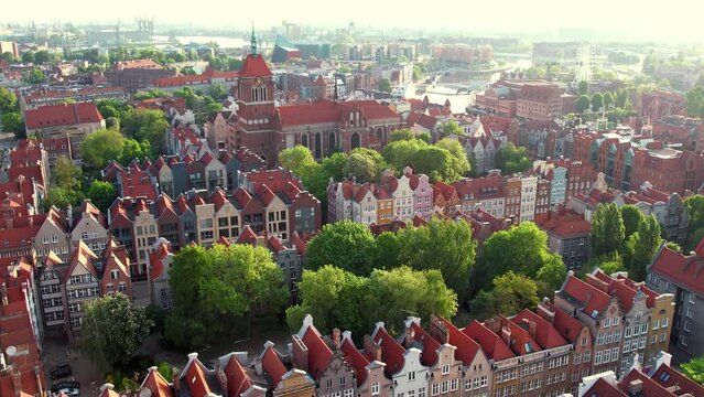 Beautiful panoramic architecture of old town in Gdansk, Poland at sunrise. Aerial view drone pov. Landscape cityscape City from Above. Small vintage historical buildings Europe Tourist Attractions