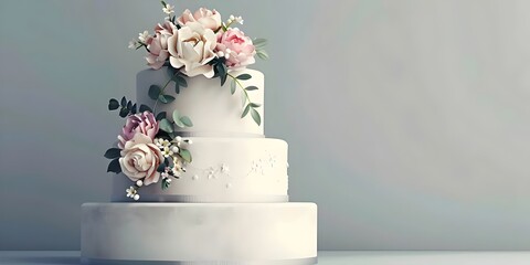Elegant Wedding Cake Minimalist White Design with Floral Accents - obrazy, fototapety, plakaty