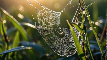 A delicate spider web covered in morning dew glistens in the sunlight amidst blades of green grass
