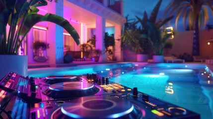 house party with neon dj set and pool in cell shaded, and cinematically vibrant, summer vibe