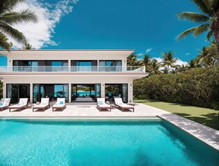 Fototapeta premium A large, modern house with a swimming pool in the backyard.