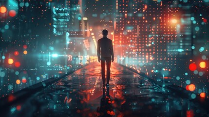 Fototapeta na wymiar business technology concept Professional businessman walking on a futuristic city network and futuristic graphic interface at night,