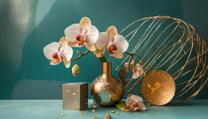 floral arrangement with orchids flowers with a modern arrangement of geometric shapes and whimsical...