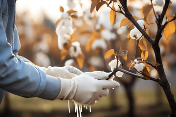 Whitewashing of fruit trees in autumn garden, gardener hand with brush painting apple tree with...