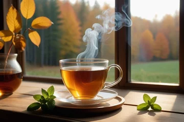 Poster A glass cup of hot tea with mint leaves on a wooden table beside a window, cozy background, horizontal composition © Thanh