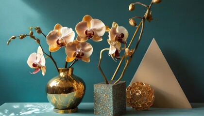 floral arrangement with orchids flowers with a modern arrangement of geometric shapes and whimsical details on a teal background
