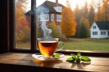 Deurstickers A glass cup of hot tea with mint leaves on a wooden table beside a window, cozy background, horizontal composition © Thanh
