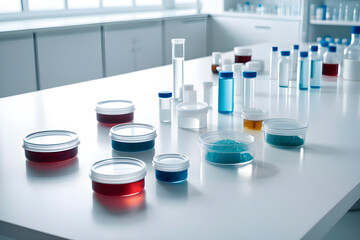 There are many  medical  petri dish neatly arranged  on  the   white table,    laboratory environment ,Many glass containers contain various liquids, scientific research and experimental  materials - obrazy, fototapety, plakaty