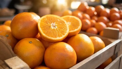 close up of fresh organic whole navel oranges in a display crate for sale at the market and fruit...