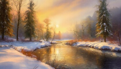 winter landscape with forest and river magical fantasy winter background digital art illustration