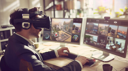 2030 Tech Workplace, VR Developer Using VR Headset and Dual Screens for Advanced Development - obrazy, fototapety, plakaty