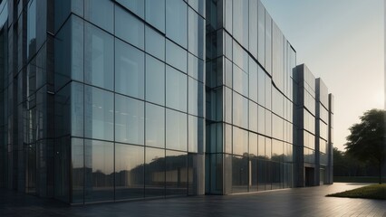 This image features a modern building with a reflective glass facade, mirroring the sky and trees, showcasing architecture and design