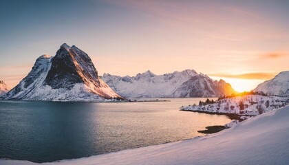 beautiful winter landscapes in lofoten islands northern norway wintry season amazing winter nature scenery fantastic colorful sunset over north fjord above snow covered mountains norway - obrazy, fototapety, plakaty