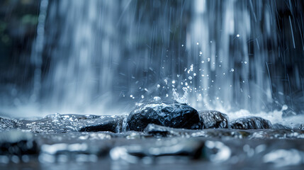 Close-up shot of water droplets splashing on rocks near waterfall