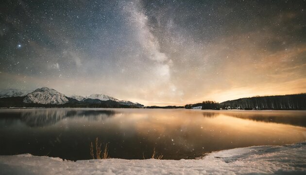winter lanscape on lake milky way in the background