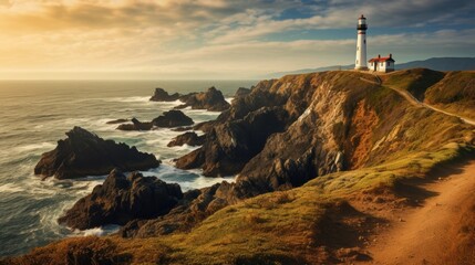 A beautiful and scenic landscape of a lighthouse on a cliff with a blue sky and a green sea - Powered by Adobe