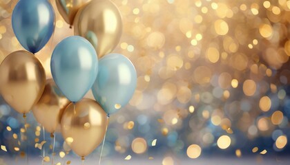 Fototapeta na wymiar realistic festive background with golden and blue balloons falling confetti blurry background and a bokeh lights generative ai