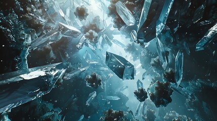 Shattered fragments of crystalline structures suspended in a weightless void