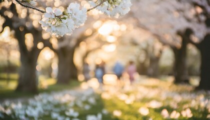 amidst the soft petals of cherry blossoms the blurred background of a japanese garden came alive with the sound of laughter as families gathered for hanami picnics celebrating the arrival of spring - obrazy, fototapety, plakaty