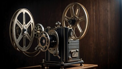Obraz premium Classic vintage film projector with large reels in a dark room, perfect for classic cinema lovers and film enthusiasts