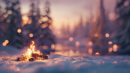 A small campfire burns brightly in the snowy field during twilight, casting a warm glow on the white landscape - obrazy, fototapety, plakaty