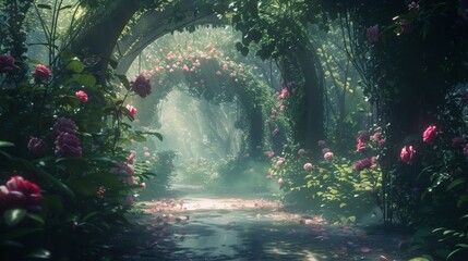 A dense forest filled with brightly colored arches with flowers blooming profusely in every direction. 