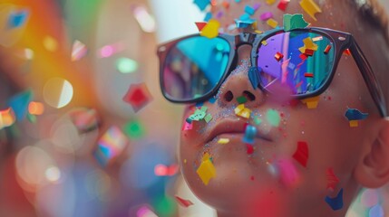 A young boy is wearing sunglasses and has colorful confetti on his face