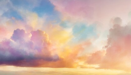 colorful watercolor background of abstract sunset sky with puffy clouds in bright rainbow colors of...
