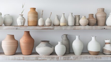 Fototapeta na wymiar Multiple clay vases arranged neatly on a shelf