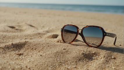 Fototapeta na wymiar Fashionable tortoise shell sunglasses on a sandy beach with a tranquil ocean backdrop