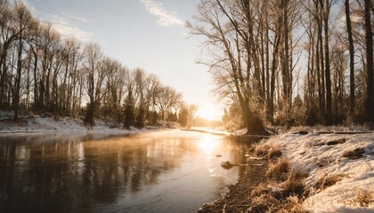morning sun in winter on a river with tall trees