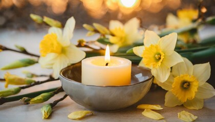 Fototapeta na wymiar composition with scented candle in bowl surrounded by yellow daffodils flowers and spring blossom twigs celebration spring holiday easter spring equinox