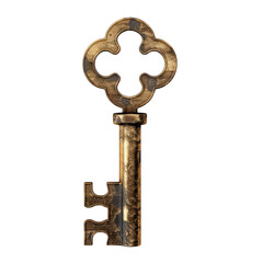 Golden key unlocking metallic puzzle piece isolated on white background