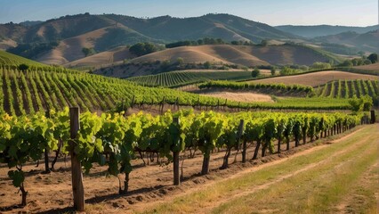 Lush vineyard rows in rolling hills