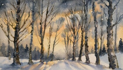 watercolor painting of a forest in the night winter snow silhouettes of the trees