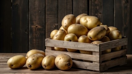 Freshly harvested potatoes in crates on soil
