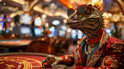 Dinosaur dresses like a fashion mogul in sunglasses and accessories playing poker in a luxury Las Vegas casino. - obrazy, fototapety, plakaty