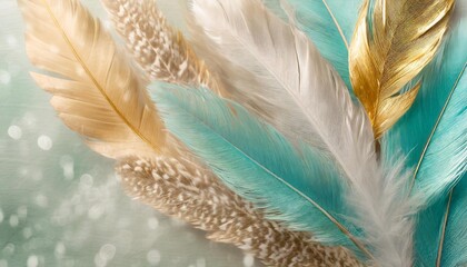 blue turquoise and gray leaf and feather design golden touches on a 3d light drawing wallpaper...