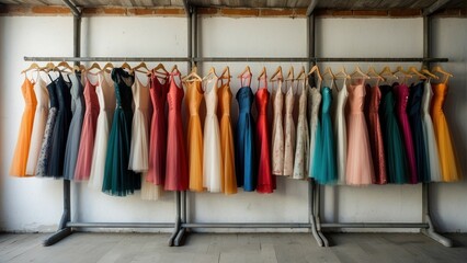 Various colorful evening gowns displayed in a row, showcasing the latest fashion trends