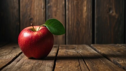 Fresh red apple with a green leaf set on a weathered wooden surface evokes a healthy, rustic charm - Powered by Adobe
