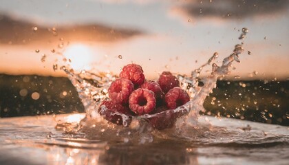 explosion of raspberries with water splash