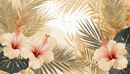 hibiscus flowers and palm leaves background tropical floral decoration frame vector illustration generative ai