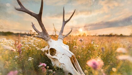 watercolor background deer skull with summer wildflowers